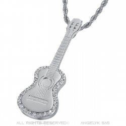 Ciondolo a forma di chitarra gitana Collana in acciaio e argento con diamanti IM#22701