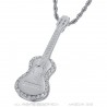 Pendentif Guitare Gitan Musicien Collier Acier Argent Diamants  IM#22701