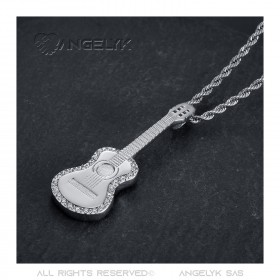 Pendentif Guitare Gitan Musicien Collier Acier Argent Diamants  IM#22702