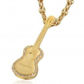 Pendentif Guitare Gitan Collier grain de café Acier Or Diamants  IM#22706