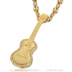 Gypsy Guitar Pendant Coffee Bean Necklace Steel Gold Diamonds IM#22707