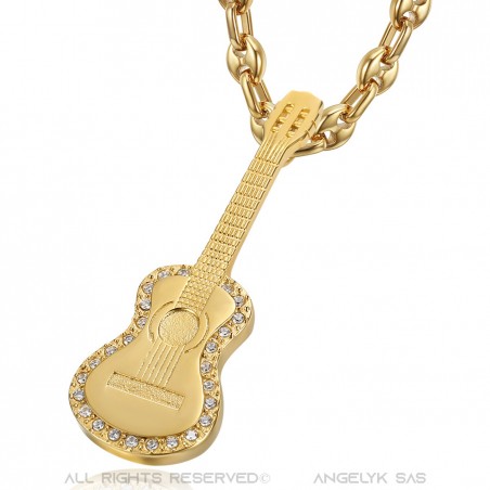 Pendentif Guitare Gitan Collier grain de café Acier Or Diamants  IM#22707