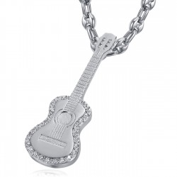 Gypsy Guitar Pendant Coffee Bean Necklace Steel Silver Diamonds IM#22712