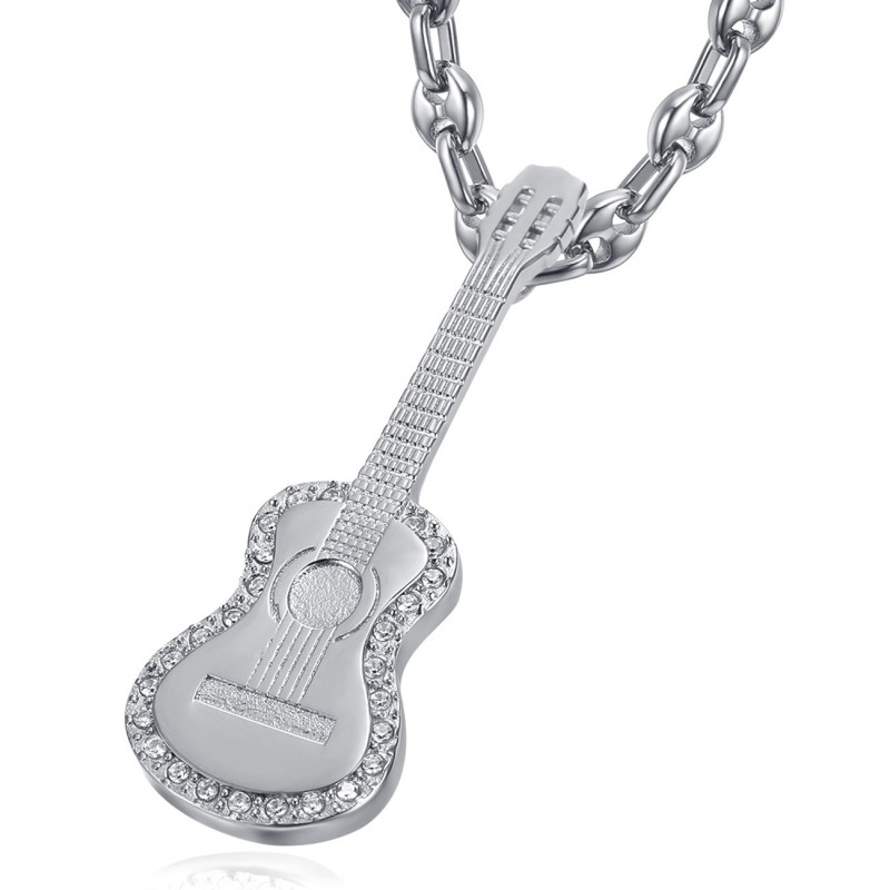 Pendentif Guitare Gitan Collier grain de café Acier Argent Diamants  IM#22712