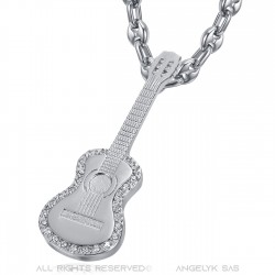 Colgante de guitarra gitana Collar de granos de café Acero Plata Diamantes IM#22713