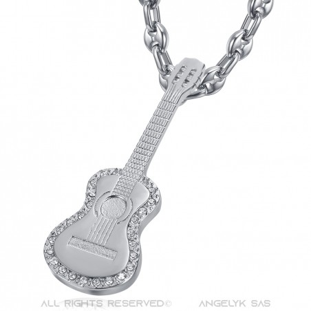 Pendentif Guitare Gitan Collier grain de café Acier Argent Diamants  IM#22713