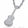 Pendentif Guitare Gitan Collier grain de café Acier Argent Diamants  IM#22713