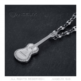 Pendentif Guitare Gitan Collier grain de café Acier Argent Diamants  IM#22714