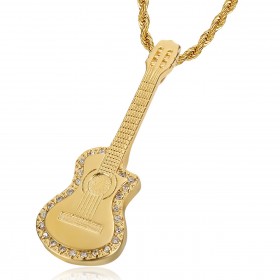 Pendentif Guitare pan coupé Gitan Collier Acier Or Diamants  IM#22718
