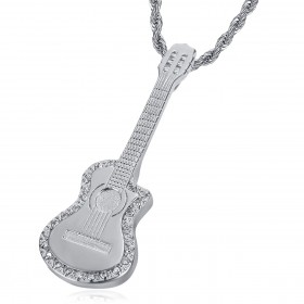 Pendentif Guitare pan coupé Gitan Collier Acier Argent Diamants  IM#22724