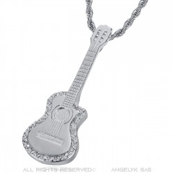 Pendentif Guitare pan coupé Gitan Collier Acier Argent Diamants  IM#22725