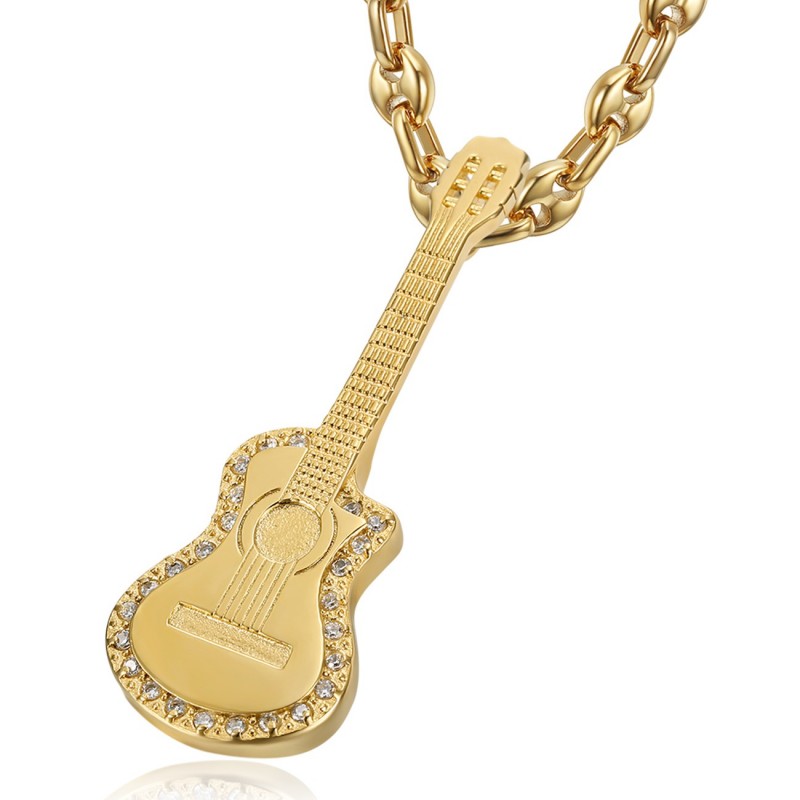 Pendentif Guitare pan coupé Gitan Grain de café Acier Or Diamants  IM#22730