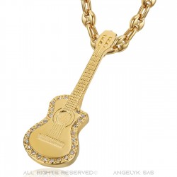 Colgante Guitarra corte de sartén Gitana Grano de café Acero Oro Diamantes IM#22731