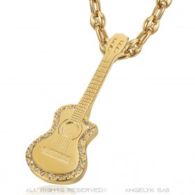 Pendentif Guitare pan coupé Gitan Grain de café Acier Or Diamants  IM#22731