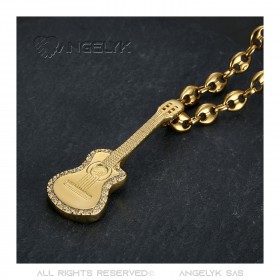 Pendentif Guitare pan coupé Gitan Grain de café Acier Or Diamants  IM#22732