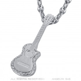 Pendentif Guitare pan coupé Gitan Grain de café Acier Argent Diamants  IM#22737