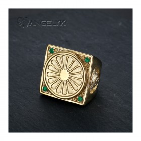 Gypsy Flag Ring Niglo Chevalière Steel Gold Emerald IM#22772