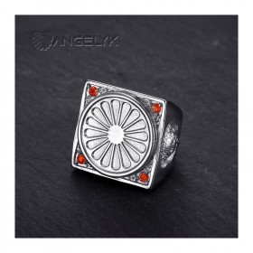 Anillo Bandera Gitana Niglo Chevalière Acero Plata Rubí IM#22787