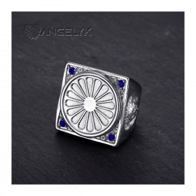 Bague du drapeau Gitan Niglo Chevalière Acier Argent Saphir    IM#22794