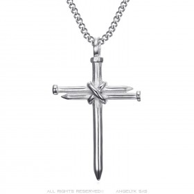 Pendentif croix Homme 3 Clous Acier Inoxydable Argent  IM#23127