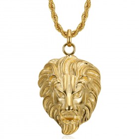 Colgante cabeza de león Collar Acero inoxidable Cadena de oro IM#23144