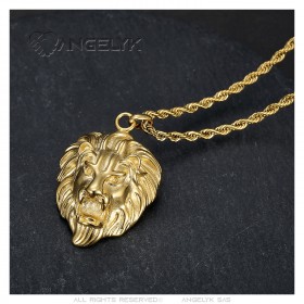 Ciondolo a forma di testa di leone Collana in acciaio inossidabile Catena d'oro IM#23146