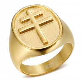 Cross of Lorraine ring for men Stainless steel and gold IM#23273