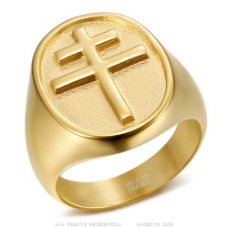 Cross of Lorraine ring for men Stainless steel and gold IM#23274