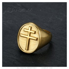 Anillo Cruz de Lorena para hombre Acero inoxidable y oro IM#23275