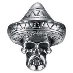 Anillo mexicano Sombrero Biker Skull Acero inoxidable Plata IM#23287