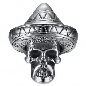 Mexican Ring Sombrero Biker Skull Stainless Steel Silver IM#23287