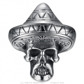 Anillo mexicano Sombrero Biker Skull Acero inoxidable Plata IM#23288