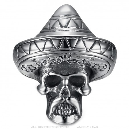 Bague mexicaine Sombrero Biker Skull Acier inoxydable Argent   IM#23288