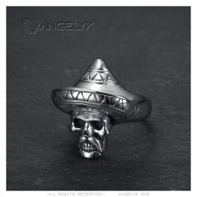 Anillo mexicano Sombrero Biker Skull Acero inoxidable Plata IM#23289