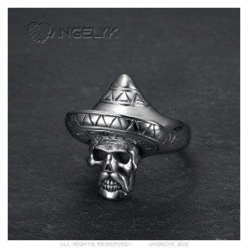 Mexikanischer Ring Sombrero Biker Skull Edelstahl Silber IM#23289