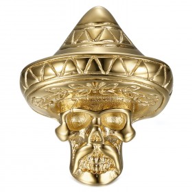 Mexican biker ring Sombrero Skull Stainless steel Gold IM#23301