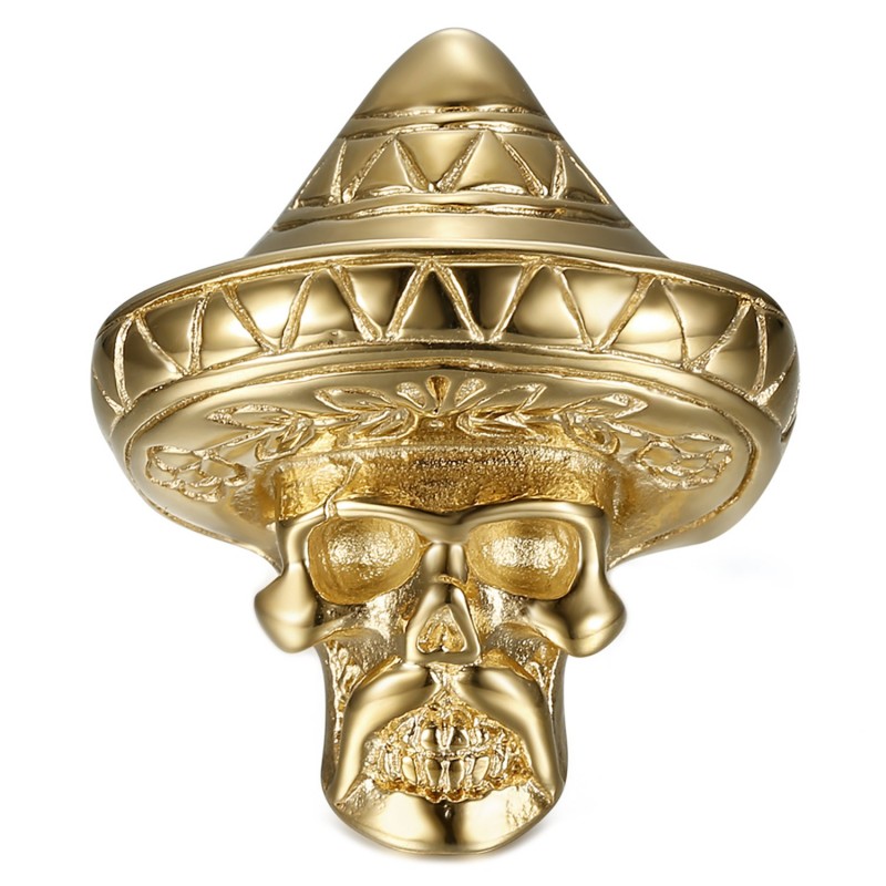 Anillo motero mexicano Sombrero Skull Acero inoxidable Oro IM#23301