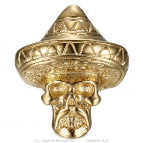 Anillo motero mexicano Sombrero Skull Acero inoxidable Oro IM#23302
