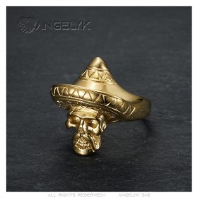 Anillo motero mexicano Sombrero Skull Acero inoxidable Oro IM#23303