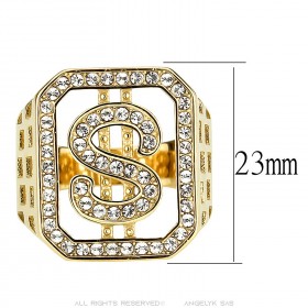 Anillo de oro Strass Bling del signo del dólar IM#23309