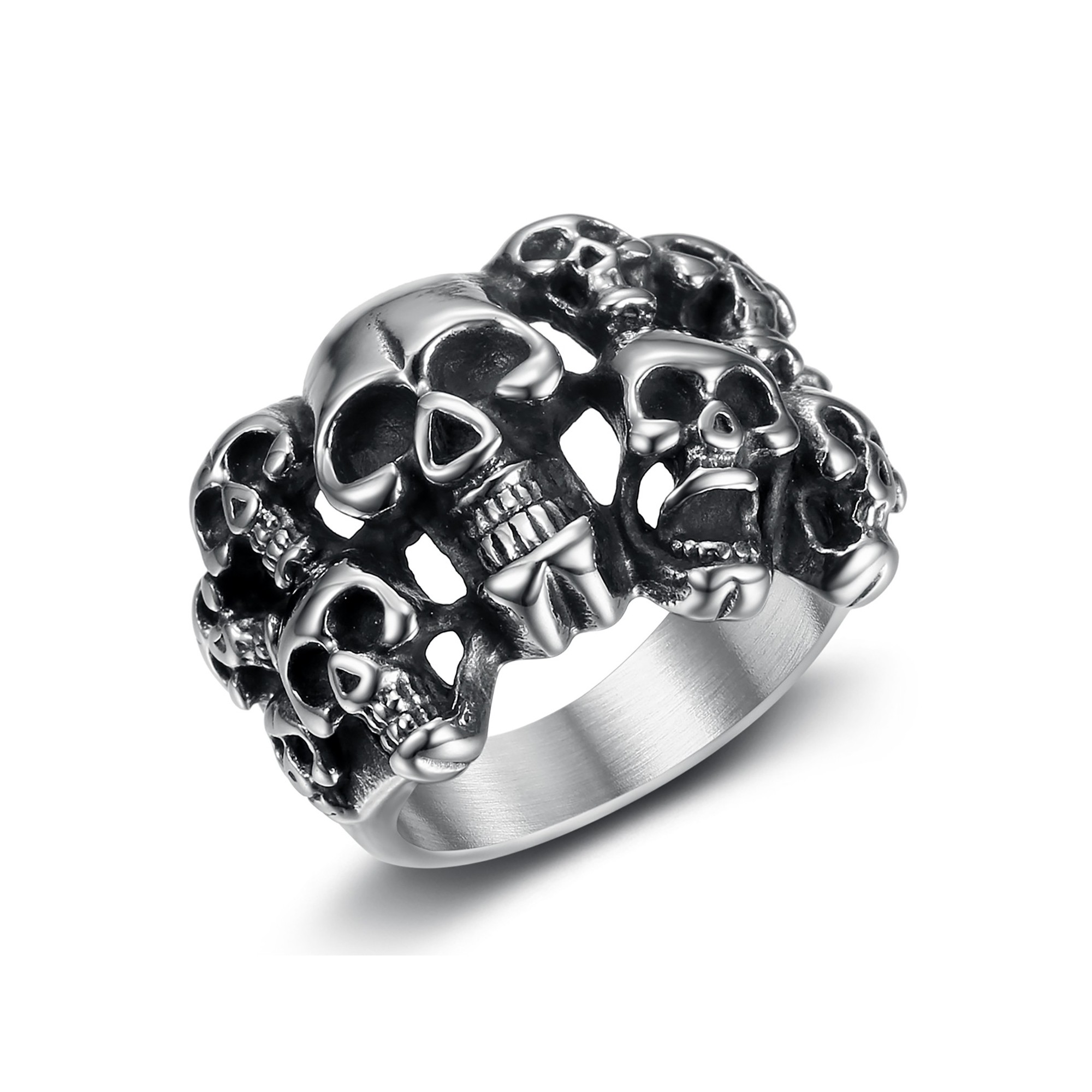 Bague biker homme crâne multi tête de mort Acier Argent