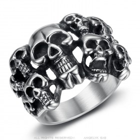 Bague homme biker Crâne Multi tête de mort Acier inoxydable Argent   IM#23316