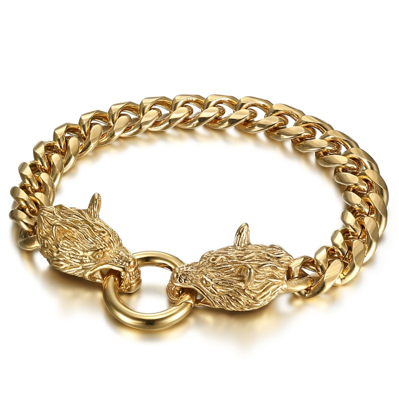 Pulsera vikinga Lobo Freno Hombre Doble Cabeza Acero Oro