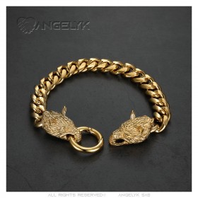 Men's Viking Wolf Bracelet Curb Stainless Steel Gold IM#23432