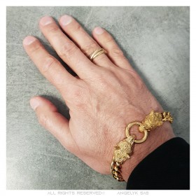 Men's Viking Wolf Bracelet Curb Stainless Steel Gold IM#23434