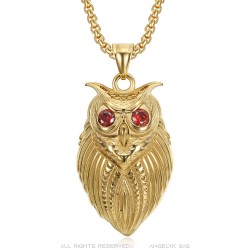 Gold Owl Pendant Stainless Steel Red Eyes IM#23438
