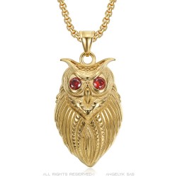 Pendentif chouette or Acier Inoxydable Yeux Rouges  IM#23438