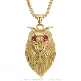 Gold Owl Pendant Stainless Steel Red Eyes IM#23438