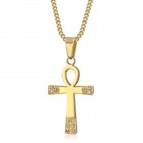 Pendentif ankh Croix de vie Femme Acier inoxydable Or Diamants  IM#23503