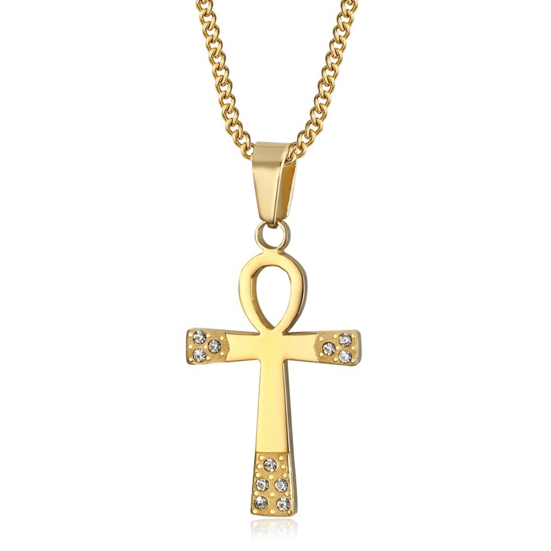 Pendentif ankh Croix de vie Femme Acier inoxydable Or Diamants  IM#23503